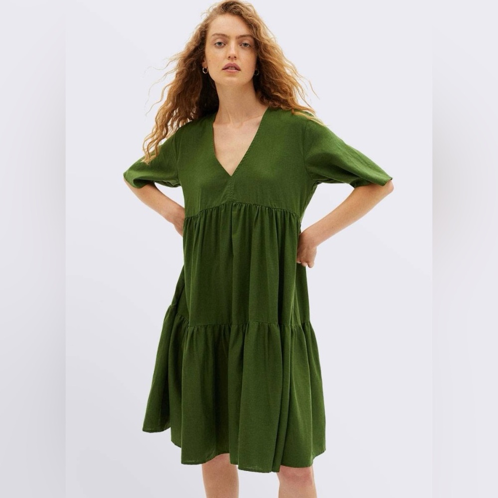 Thinking MU Green Hemp Fresia Dress MIDI Avocado Size XS